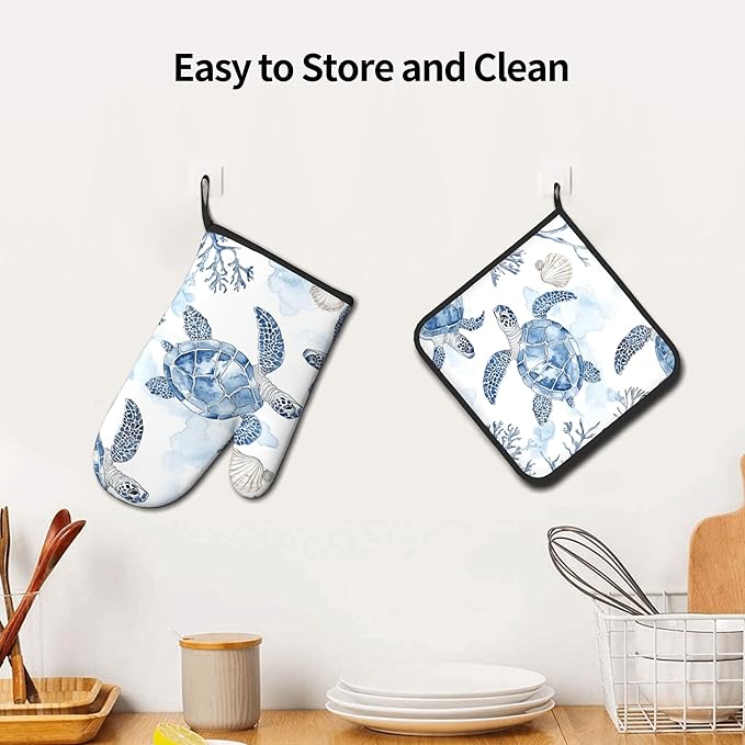 Navy Blue Ocean Sea Turtle Oven Mitts and Pot Holders Sets of 2 Summer Gift - Image 6
