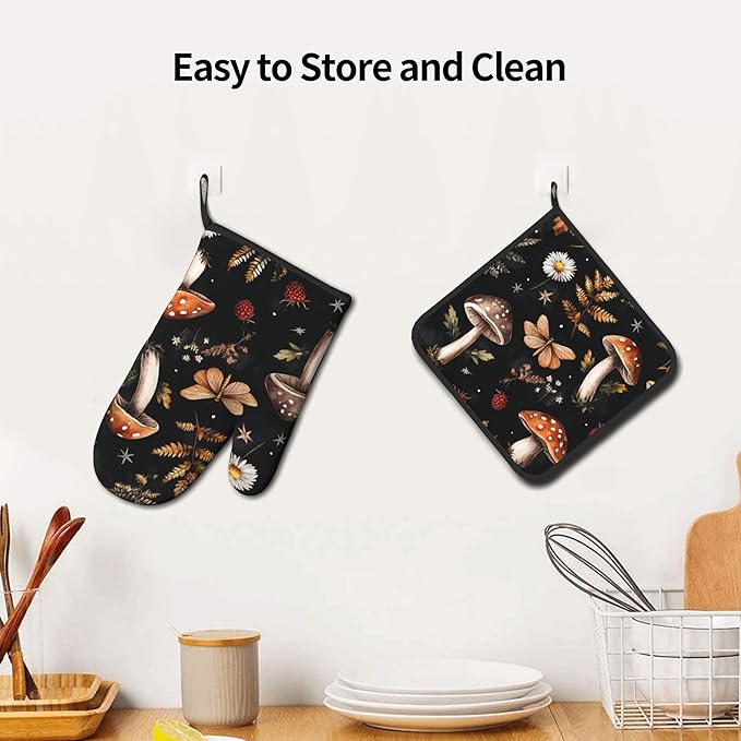 Mushroom Oven Mitts Set – Vintage Pot Holders Kitchen Gloves - Image 6