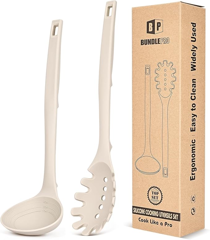 Silicone Pasta Fork and Soup Ladle Set, Heat Resistant Non Stick Kitchen by BUNDLEPRO