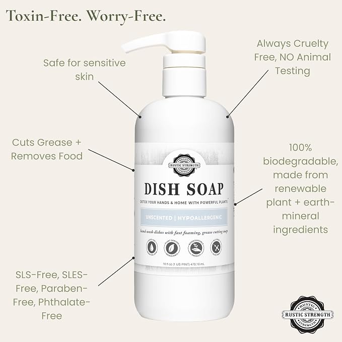 Rustic Strength Natural Dish Soap, Unscented, 16 oz | High-Lathering, Concentrated, Biodegradable Plant-Based Formula,Cuts Grease,