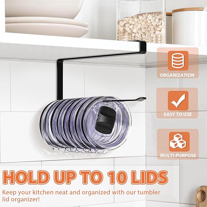 Tumbler Lid Organizer, Horizontal Tumbler Lid Storage Hook Up to 10 Lids - Image 2