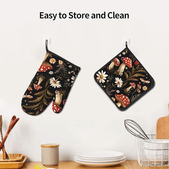 Mushroom Oven Mitt Pot Holder Set Vintage Floral BBQ Cooking Gloves - Image 6