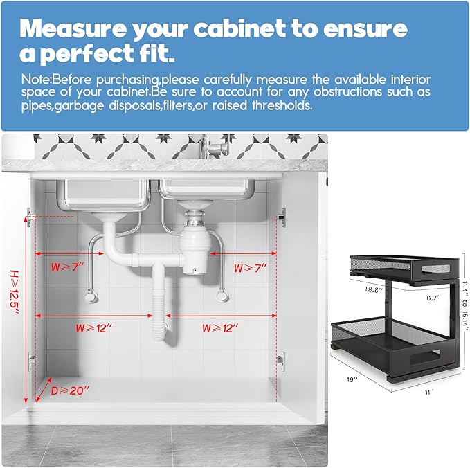 2 Pack 19IN Depth Under Sink Storage Organizer, Large 2-Tier Elegant Mesh Pull - Image 2