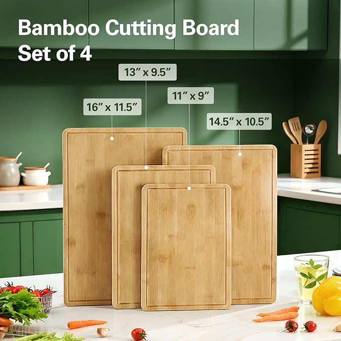 Zarler Bamboo Cutting Boards for Kitchen, 4 Piece Durable Wood Cutting Board - Image 6