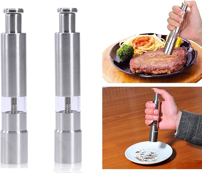 Salt and Pepper Grinder Set of 2, Stainless Steel Push Button Grinder Modern - Image 2