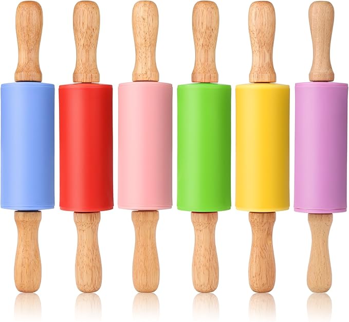 Mini Silicone Rolling Pin for Kids, Non-stick Surface Wood Handle, 9 Inch 6 Pack by Honglida