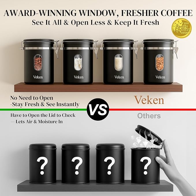 Veken Coffee Canister with Window, Airtight Stainless Steel Pantry Container - Image 4