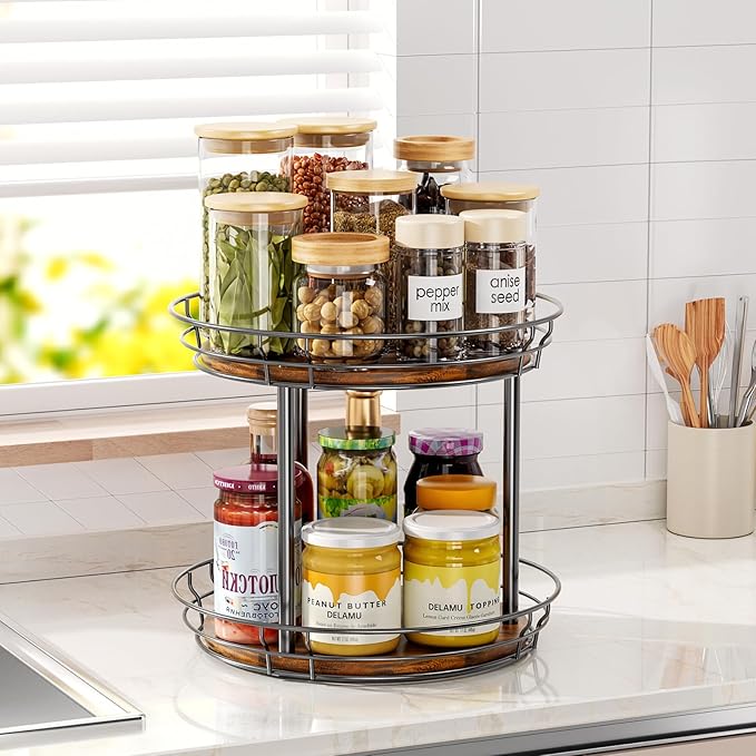 LAMU 10'' Lazy Susan Turntable Organizer, 2 Tier Round Rotating Spice Rack - Image 2