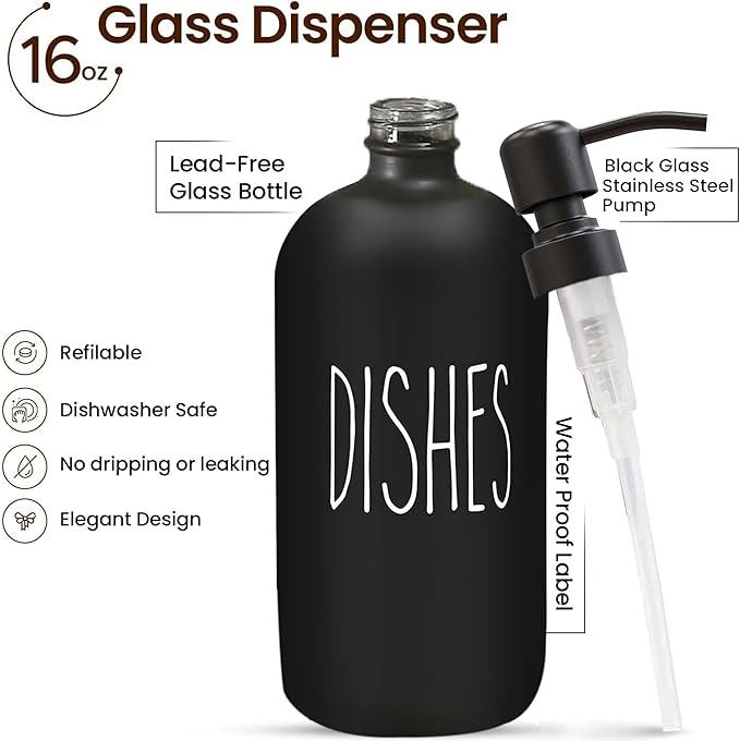 Sunrise Premium 16 OZ Thick Black Glass Soap Dispenser, Matte Black Stainless - Image 2