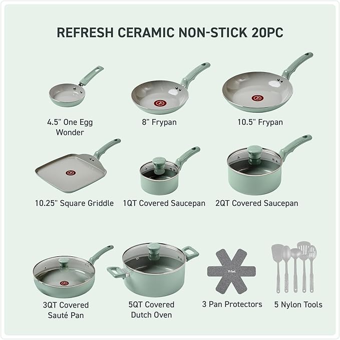 T-Fal Refresh Ceramic Nonstick Cookware Set, Oven Safe to 350°F, Ceramic Pots - Image 2