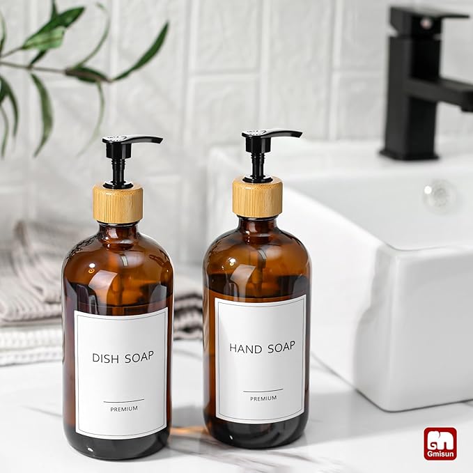 GMISUN Amber Glass Soap Dispenser, 2 Pack Bathroom Hand Soap Dispensers - Image 4