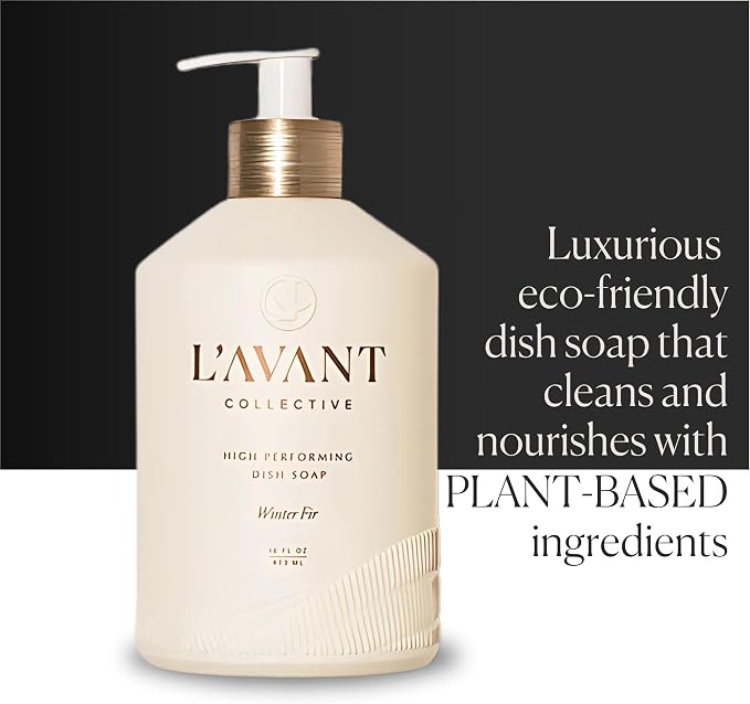 L'AVANT Natural Dish Soap, Plant-Based, Refillable Pump, Winter Fir, 16 oz | Plant-based formula, grease-cutting power, refillable glass pump bottle, gentle on hands, kid and pet safe, Winter Fir scent