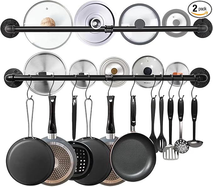 Industrail Pipe Pot Pan Rack, Wall mount Pot hangers Pan Haniging Rail Lid by Bailoo