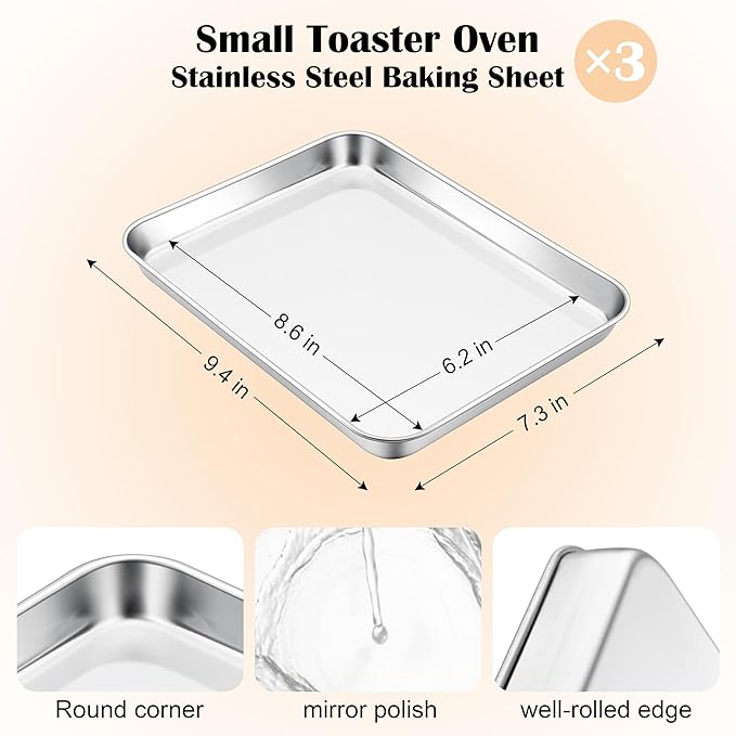 E-far 3 Pack Toaster Oven Trays, 9.4”x7.3” Stainless Steel Small Baking Cookie - Image 2