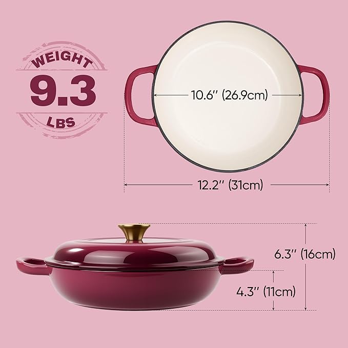 Vintage Style 3 Quart Enameled Cast Iron Braiser, Non Stick Enameled Cast Iron - Image 3
