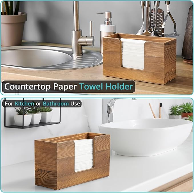 Paper Towel Dispenser Countertop, Burnt Wood Bathroom Paper Towel Holder - Image 3