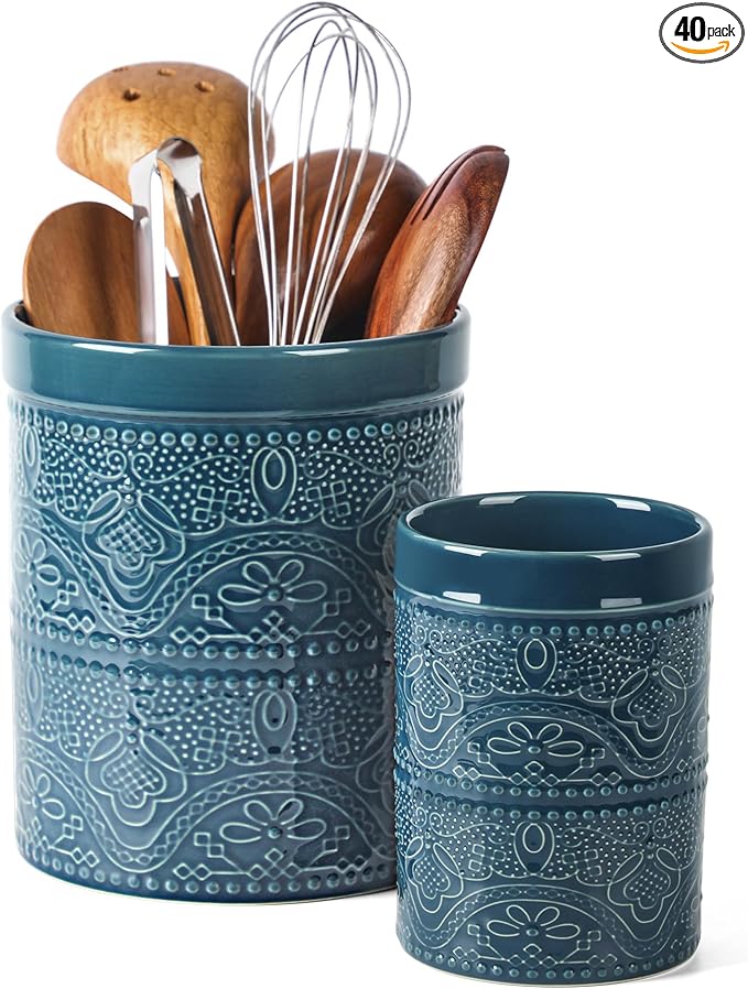 FUN ELEMENTS Kitchen Utensil Holder, 7.2+5.5" Super Large Utensil Crock Heavy by IntoYourHouseOntoYourTable