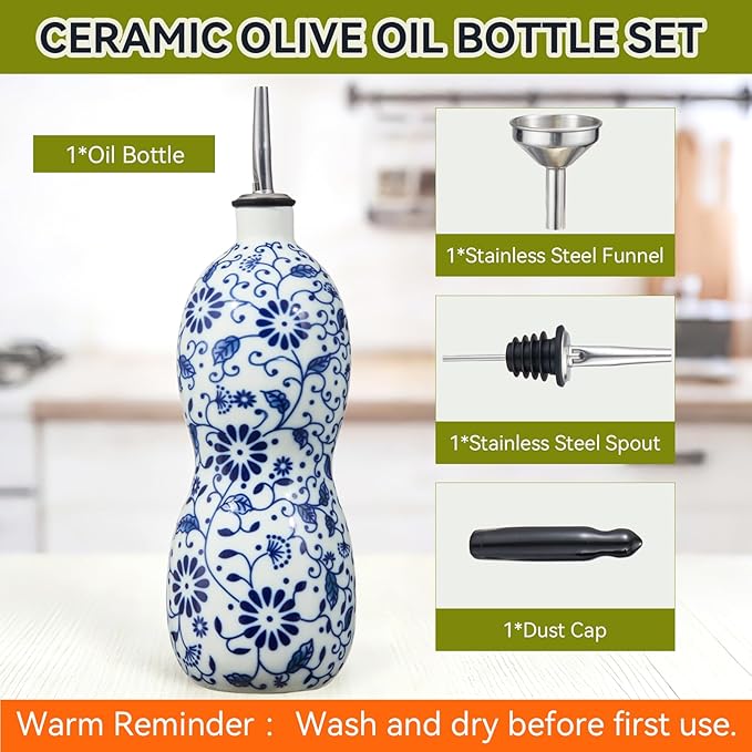 20oz Vintage Ceramic Olive Oil Dispenser Bottle, Gourd Shape Blue and White - Image 5