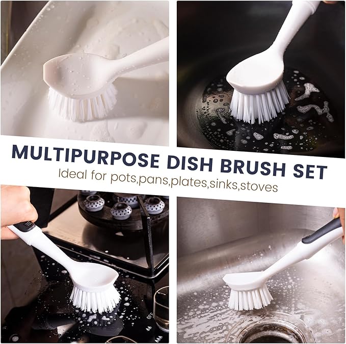 Dish Brush with Handle, 2 Pack Dish Scrub Brush with Built-in Scraper and 2 - Image 5