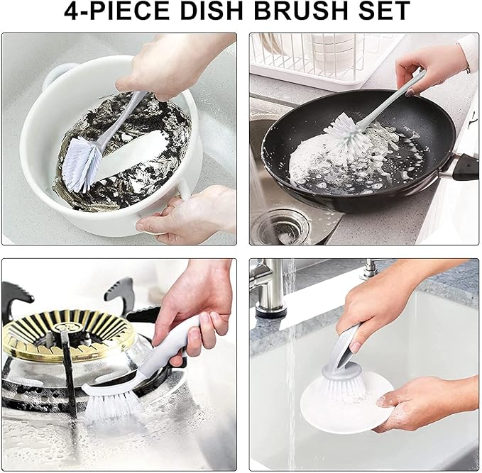 Dish & Bottle Brush Set, 4-Piece Kitchen Cleaning Brushes, Plastic Handles - Image 5