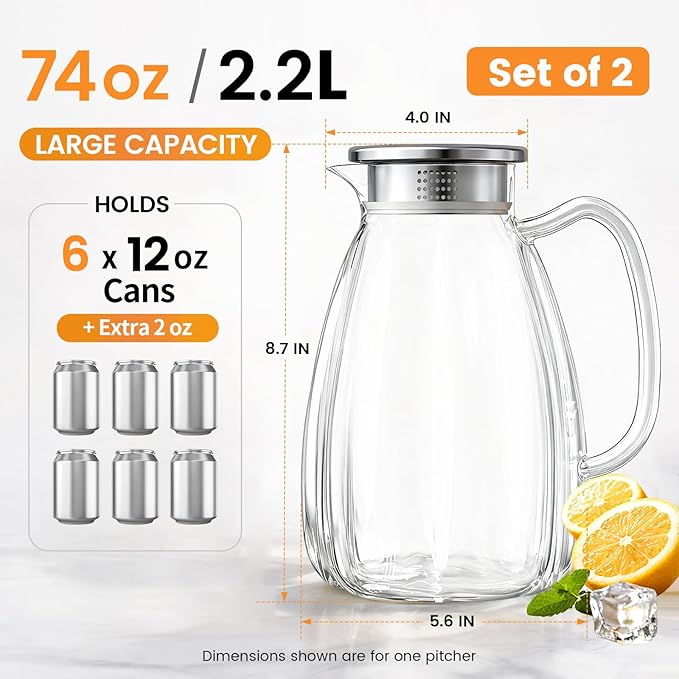Glass Pitcher with Lid and Handle, 2.2L Borosilicate Glass Water Carafe - Image 2