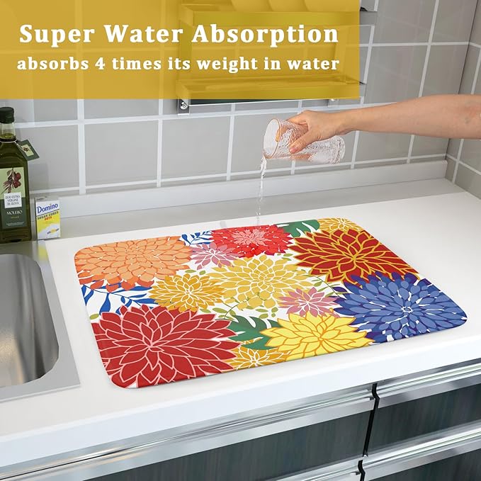 Modern Floral Dish Drying Mat Large Multicolored Tropical Drying Pad - Image 7