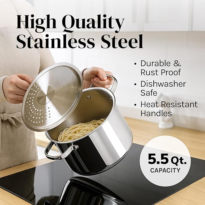 Stainless Steel Pasta Pot with Strainer Lid — 5.5 Qt Large Capacity Spaghetti - Image 6