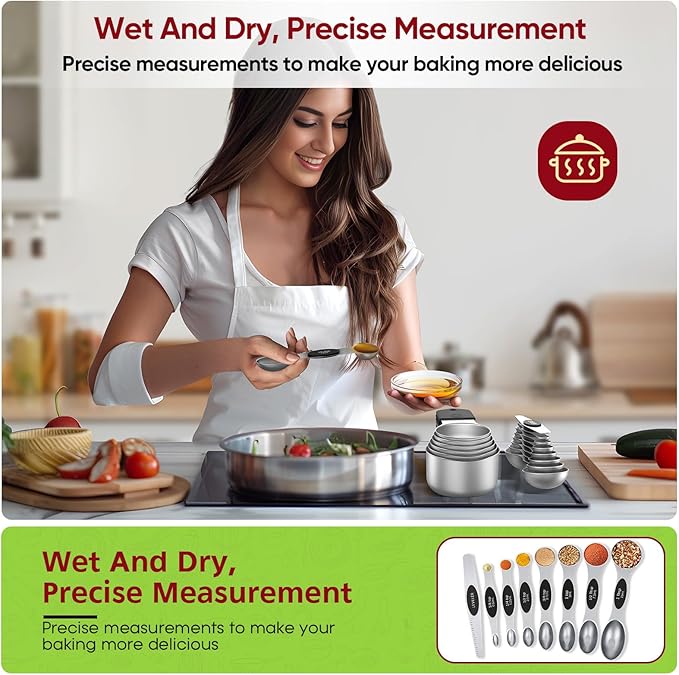Magnetic Measuring Cups & Spoons Set|304 Stainless Steel Dual Scale Set of 15 - Image 8