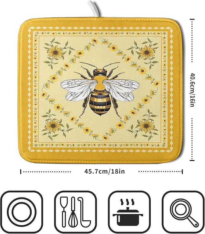 Giwawa Sunflower Bee Dish Drying Mat, Summer Rustic Sunshine Floral Dish - Image 2