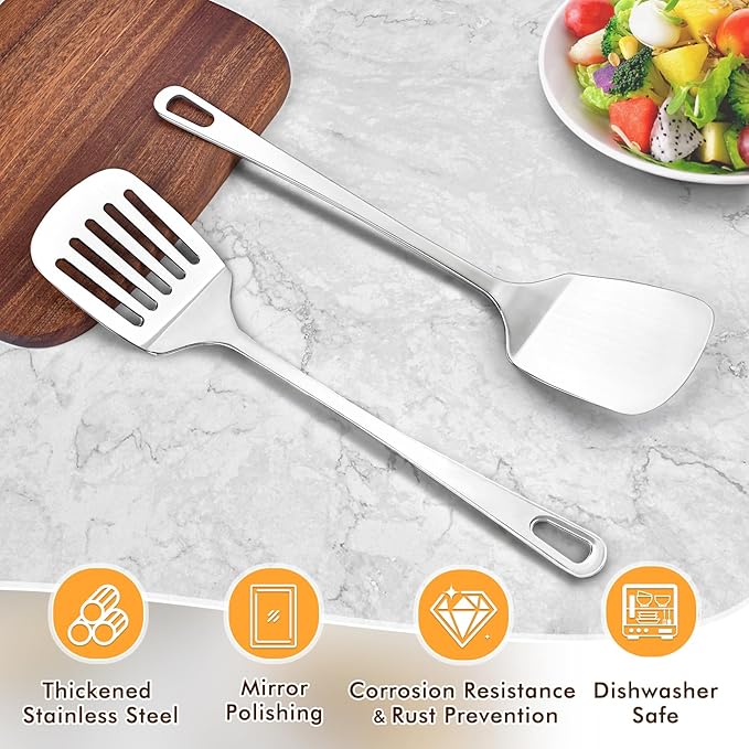 2 Pcs Stainless Steel Spatulas Set, Metal Spatula Solid & Slotted Turner - Image 2