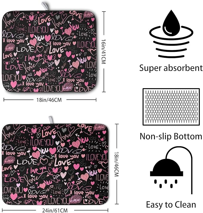 Mother's Day Dish Drying Mat for Kitchen Counter Love Heart Black Drying Mats - Image 2