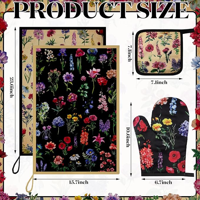 Bencailor 6 Pcs Vintage Wildflower Kitchen Towels Oven Mitts and Pot Holders - Image 3