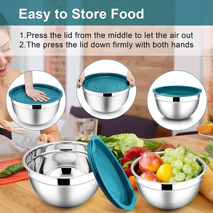 E-far Mixing Bowls with Lids, 6-Piece Stainless Steel Salad Bowls Metal Nesting - Image 7