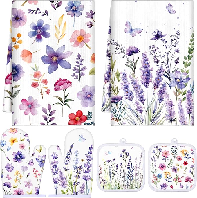 Spring Lavender Oven Mitts and Pot Holders Kitchen Dish Towels Set Purple by Sunnychicc