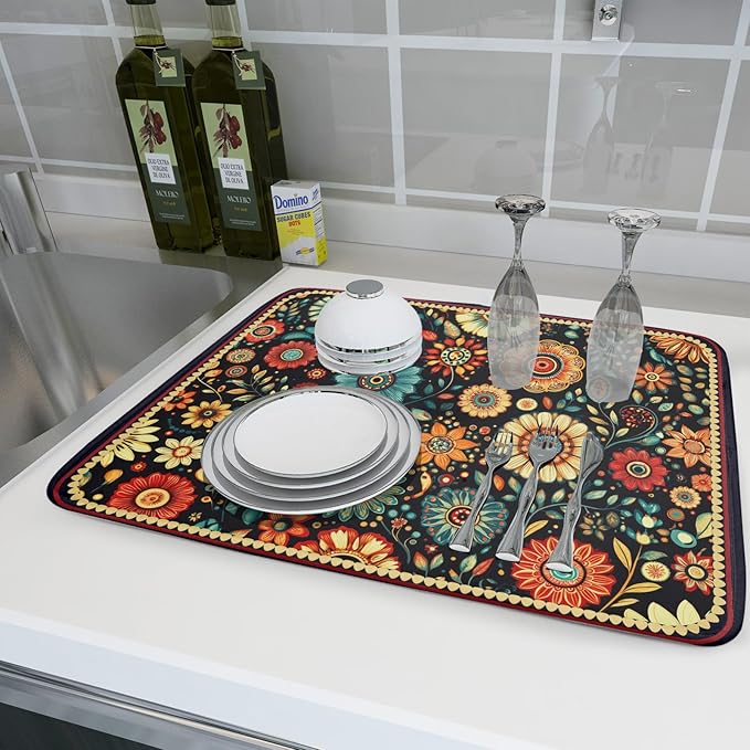 Boho Floral Dish Drying Mat for Kitchen Counter Absorbent Microfiber Flowers - Image 6
