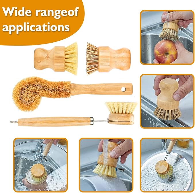 SAMEBUTECO Bamboo Dish Brushes Sets 4 Tools in One Kitchen Clean Dish Scrubber - Image 4