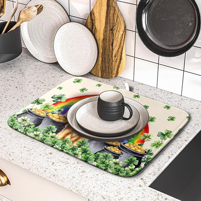 St Patricks Day Drying Mat Samll Lucky Clovers Green Kitchen Decor Counter Mats - Image 5