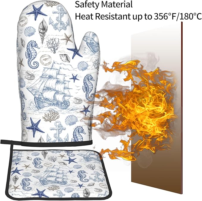 Navy Blue Oven Mitts and Pot Holders Sets Summer Beach Starfish Seashell Oven - Image 5