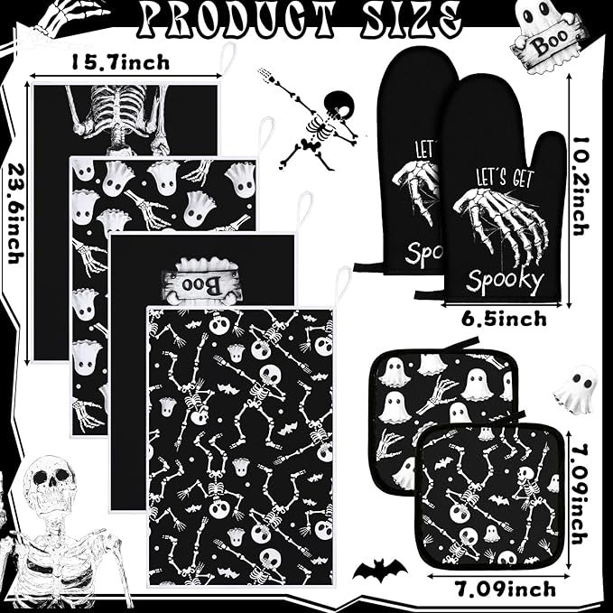 Leinuosen 8 Pcs Skull Kitchen Decor Set Kitchen Towels Gothic Oven Mitts and - Image 3