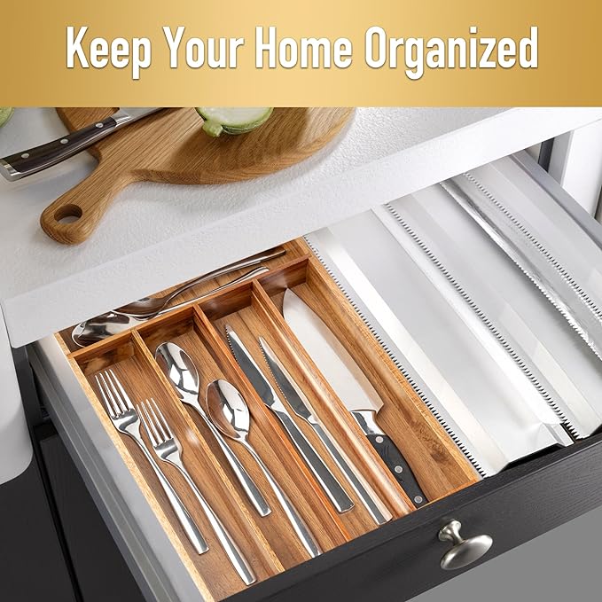 Besilord Silverware Organizer Kitchen Drawer Organizer Utensil Organizer Acacia - Image 3