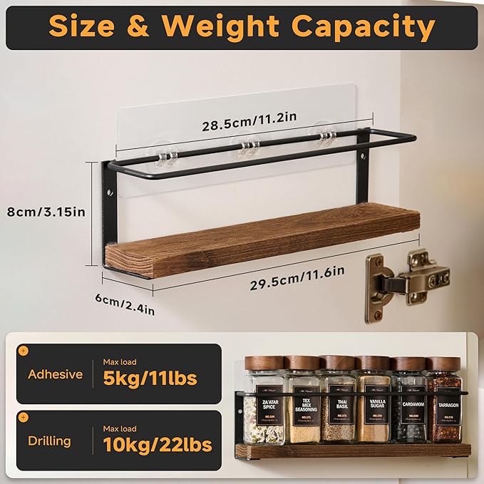4-Tier Wall Mount Spice Rack Organizer- Screw/Adhesive Mount, 11.6”L x 2.4”W x - Image 3