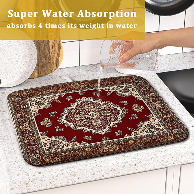 Giwawa Vintage Boho Dish Drying Mat Antique Tribal Rustic Red Floral Dish - Image 7
