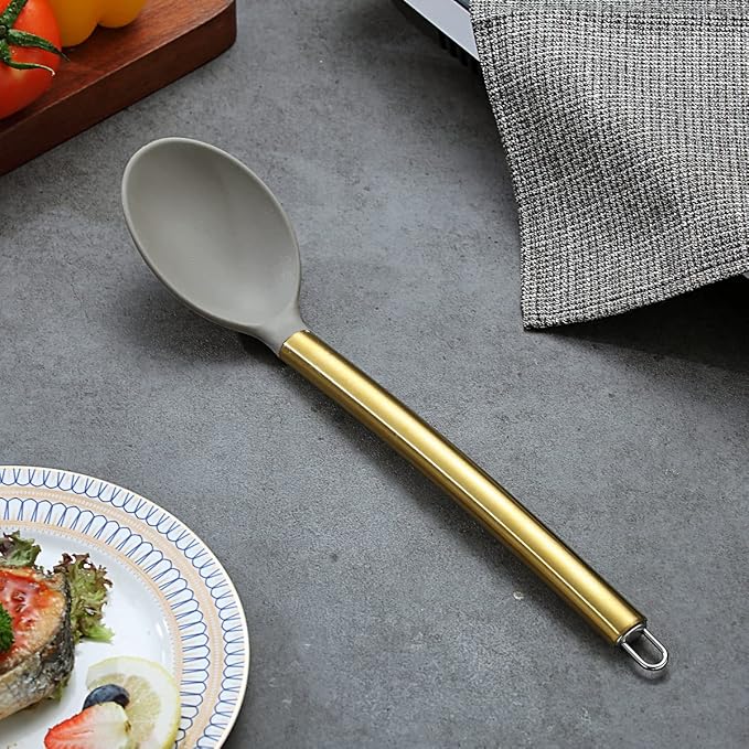Berglander Non-stick Silicone Solid Serving Spoon, Titanium Gold Plating handle - Image 2