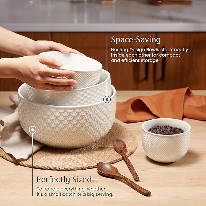 KooK Ceramic Mixing Bowls, Nesting Set of 4, Embossed Kitchen Dishware - Image 2