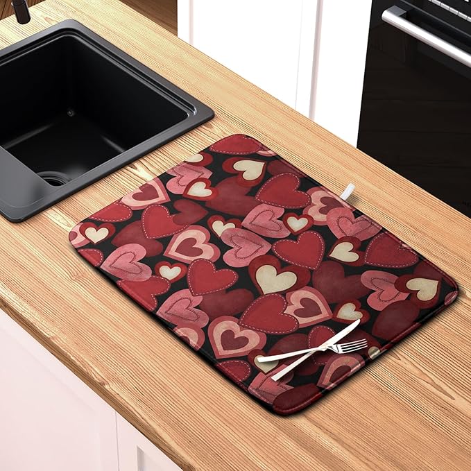 Valentine Dish Drying Mat for Kitchen Counter Red Black Love Heart Drying Pad - Image 6