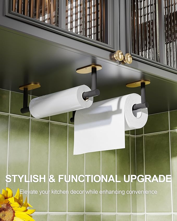 Paper Towel Holder Under Cabinet Black and Gold, Self Adhesive or Wall Mounted - Image 2