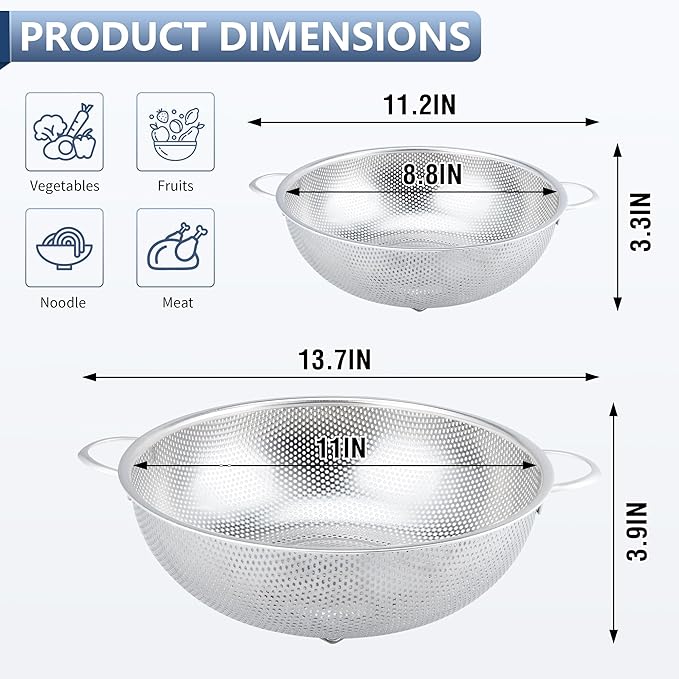 Gulex Colander Stainless Steel 3-Quart, Metal Strainer - Image 2