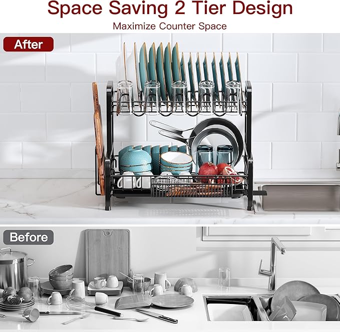 2 Tier Black Dish Drainer Drying Rack - Image 2