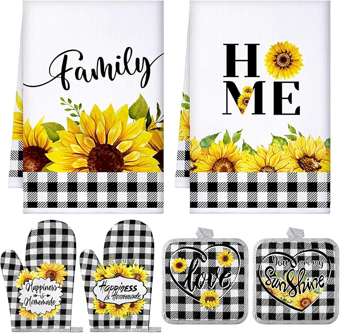 Leinuosen 6 Plaid Sunflower Kitchen Towels Kitchen Decor and Accessories Set by Leinuosen