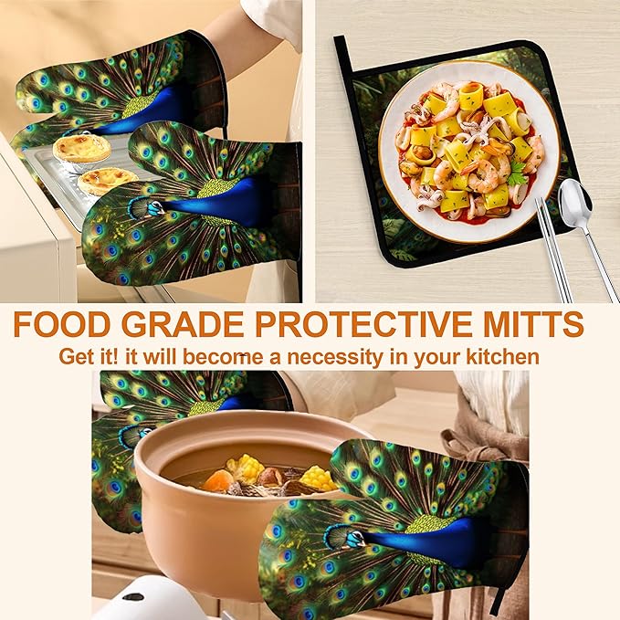Peacock Pattern Oven Gloves and Hot Pads Set - Image 5